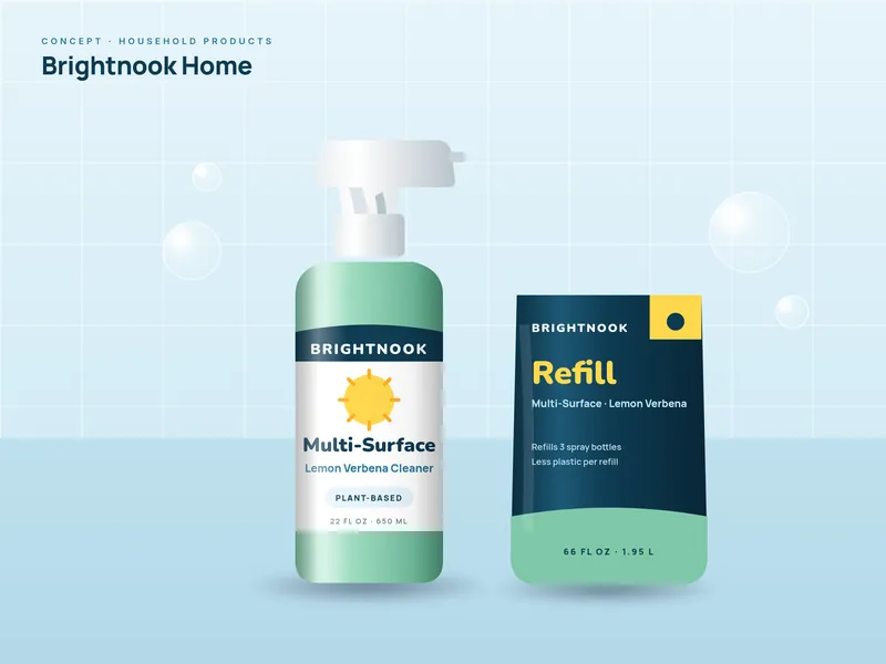 Concept label design for a multi-surface cleaner bottle and refill pouch (concept design for a fictional brand)