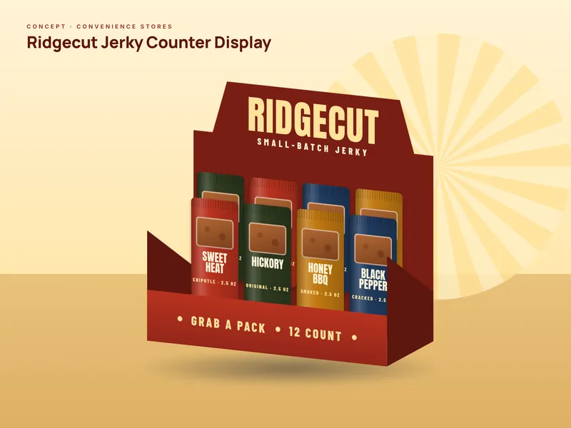 Concept counter display for jerky packs (concept design for a fictional brand)